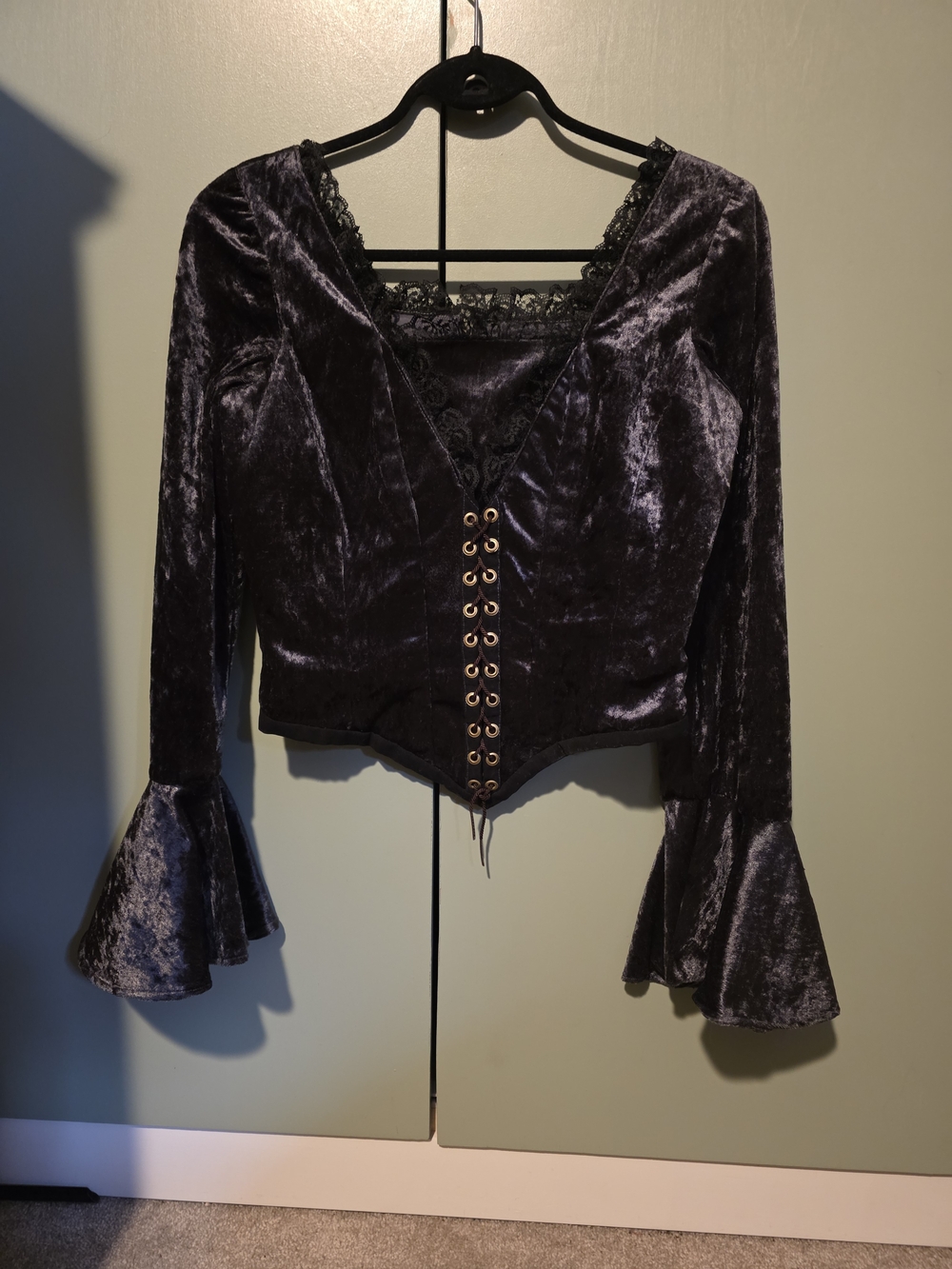 Velvet Lace-Up Corset Blouse in Black